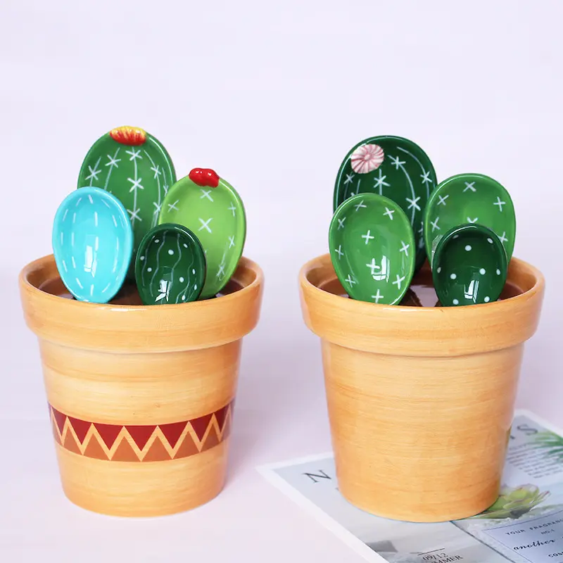Ceramic Cactus Measuring Spoons and Cups, Cute Measuring Spoons Set in Pot, Cactus Shape Kitchen Decor Small Measuring Spoons