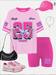Ensemble short et t-shirt à manches courtes pour filles, motif lettres, tendance printemps/été/automne, vente en gros, offre spéciale - Product Image 3