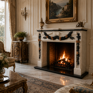 Cheminée traditionnelle en marbre avec sculptures ornées, pierre beige, foyer intérieur à bois pour salle à manger - Product Image 5