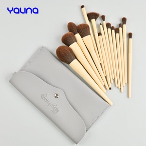 Ensemble de pinceaux de maquillage avec manche en bois <span class=keywords><strong>kaki</strong></span> de haute qualité 15 pièces Logo personnalisé Kit de fond de teint Kabuki de mélange professionnel - Product Image 2