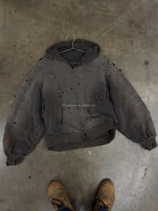 Sudadera con capucha térmica para hombre, estilo vintage, de algodón grueso y pesado, tejido gofrado, con efecto desgastado por el sol, corte holgado, doble capa, con cremallera. - Product Image 2