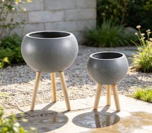 Round Tripod Plant Pot Set of 2, Grey <b>Sphere</b> Flower Planter with Wooden Legs, Indoor Outdoor Decorative Plant Container Wholesal - Product Image 4