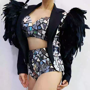 Traje de Danza del Vientre con Lente Reflectante de Concha de Pájaro, Kits de Spandex/Poliéster con Relieve, Abrigo de Plumas Dividido, Estilo Gogo, para Bailarinas de Danza del Vientre - Product Image 2