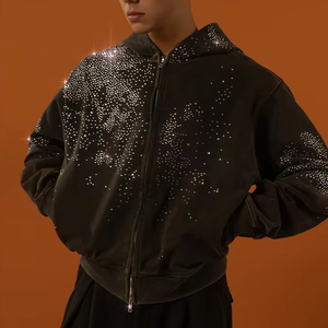 Sweat à capuche zippé pour homme en tissu French Terry de haute qualité, coton délavé, coupe ample, poids lourd 500 g/m², logo personnalisé en strass - Product Image 1