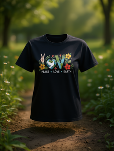T-Shirt da Donna 'Love Peace Earth', Tinta Unita, Vestibilità Comoda, Manica Corta, Collo Tondo, 100% Cotone, Stampa Floreale, Stile Casual - Product Image 2