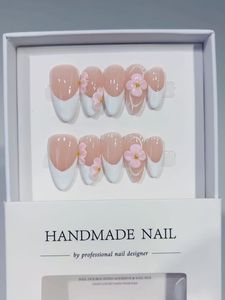 <span class=keywords><strong>Uñas</strong></span> Postizas Acrílicas Francesas Medianas TSZS, Hechas a Mano, de Alta Calidad, 10 Piezas, Color Rosa Brillante con Flores en Relieve - Product Image 2