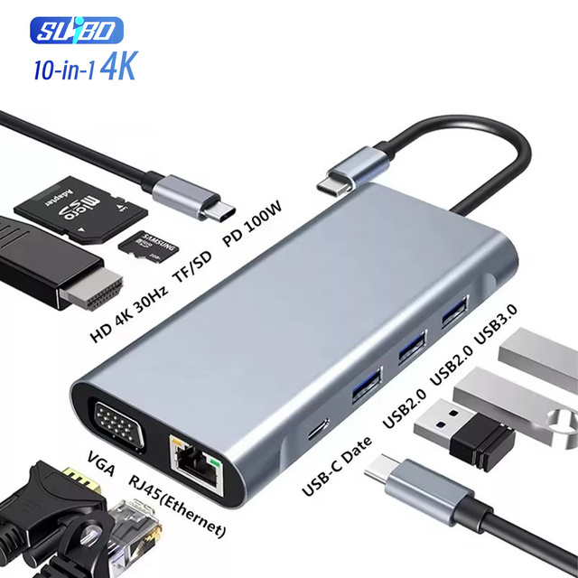 Wholesale 10 1 USB C Docking Station Adapter USB 3.0 Multiport Hub VGA HDTV RJ45 Mini Type C Hub Aluminium Metal Products Stock