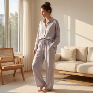 Ensemble deux pièces décontracté pour femme : chemise à col en V et manches longues en cuivre uni, pantalon large, coupe ample, fluide, séchage rapide, respirant - Product Image 3