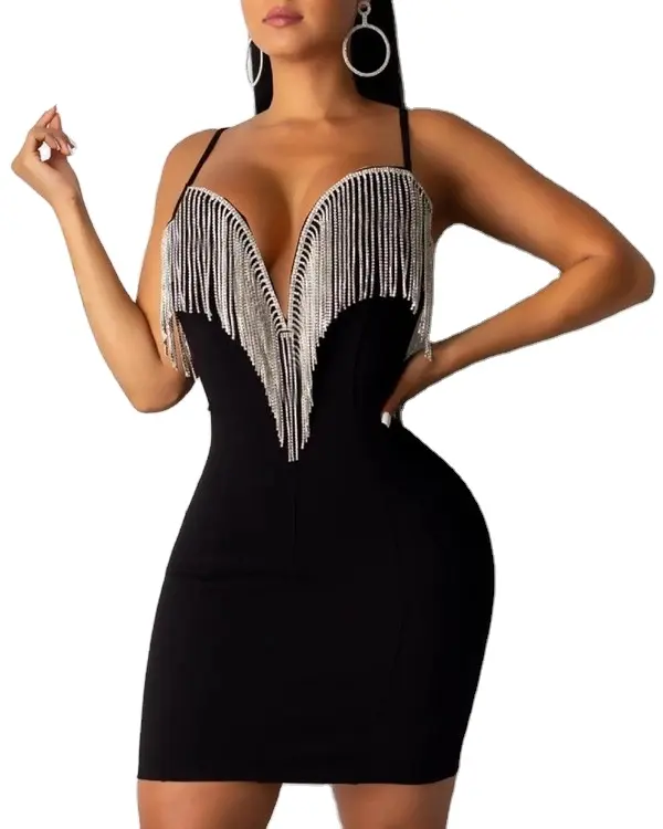 Nightclub Deep V Neck Low Cut Sexy Mini Tassels Diamond Beads Sequins Bandage Wrap Sheath Bodycon Luxury Crystal Dress Women