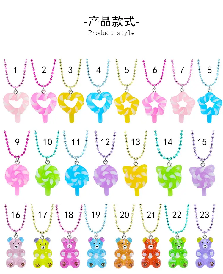 Children Colorful Chain Cartoon Necklace lollipop Mermaid Bear Duck Sea fish pendant charm Necklace Kids Party jewelry gifts