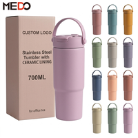 Gobelet isotherme en acier inoxydable avec revêtement céramique 700 ml (24 oz), bouteille d'eau, tasse à café avec paille et poignée, mug personnalisable avec logo