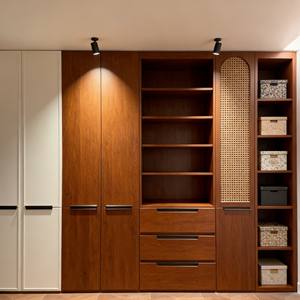Eco-Friendly Norse Style Modern Solid Wood <b>Wardrobe</b> Custom Build With Glass-Door Lit <b>Storage</b> & Rattan Detail Accents - Product Image 5