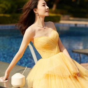Yellow Ball Gown Sweetheart Neckline Empire Waist Mesh Layered Skirt Evening Dress For Art Exams Runway Princess Style - Product Image 3
