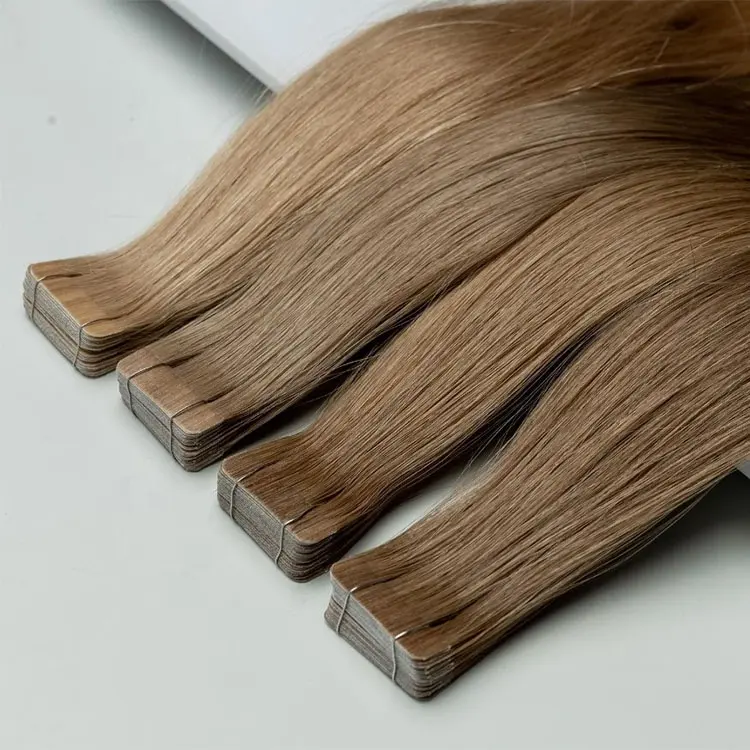 Luxe Volledige Cuticula Uitgelijnd Onzichtbare Russische Bruine Kleur Maagdelijke Menselijk Haar Huid Inslag Onzichtbare Tape Haarverlenging