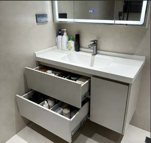 Customized Minimalist Wall Hung Bathroom Storage <b>Cabinet</b> Waterproof Plywood White Lacquer Soft Close Drawers Residential Use - Product Image 5