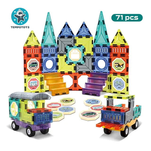 Mainan Tempo 71 Buah Set Ubin Magnetik DIY, Batang Bangunan Magnet Blok Starter Kit Bangunan Kit STEM Mainan Pendidikan untuk Anak-anak
