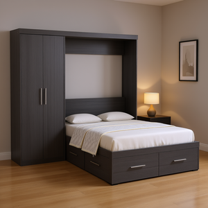 Letto a scomparsa matrimoniale con armadio e cassetti, mobile contenitore pieghevole per camera da letto, design moderno, legno grigio - Product Image 2