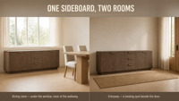 Meuble TV moderne en bois de chêne grainé, buffet 4 portes 3 tiroirs, console multimédia avec poignées en acier inoxydable pour salon et salle de bain