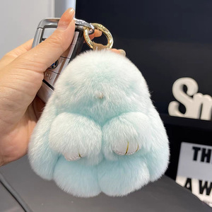 Llavero de conejo suave y esponjoso, lindo y colorido, de piel de conejo, con pompón, adorable, para mochila escolar, colgante de peluche genuino de conejo para bolso - Product Image 3