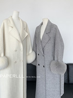 Manteau long en laine de luxe pour femme, blanc uni, à double boutonnage, avec revers en polaire et manchette en fourrure de renard amovible