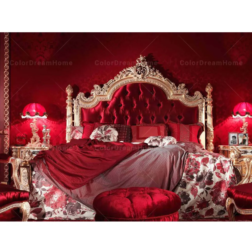 Ensemble de lit en bois sculpté, meuble de chambre à coucher, nouveau style, dubaï, rouge, baroque, taille queen size