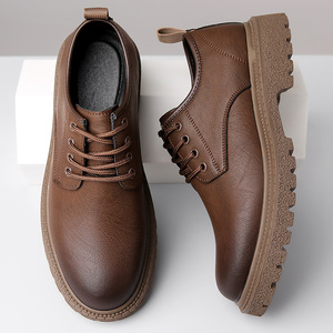 Men's Leather Derby Shoes Brown Low Heel Thick Sole Casual Chunky Shoes For Leisure Wear <b>Rubber</b> Outsole Cushioned Comfortable - Product Image 3