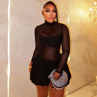Robe mini sexy pour femme, taille empire, antistatique, coupe trapèze, couleur unie, col montant, manches longues, style Y2K, pour soirée