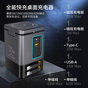 Cargador Rápido GaN de 105W Shenzhen Baize, Estación de Carga Inalámbrica Dual de Escritorio con Cable Retráctil, Puertos USB Tipo C y Tipo A - Product Image 4
