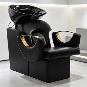 Ensemble de mobilier de salon de beauté noir et or : Bac de lavage, équipement de coiffure, chaise de coiffage, bac à shampoing - Product Image 1