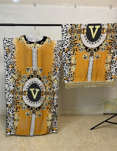 Abito Africano <span class=keywords><strong>Dashiki</strong></span> Personalizzato Taglie Forti in Cotone per Donne, Vestito Ampio con Strass e Nappine, Turbante e Sciarpa - Product Image 5