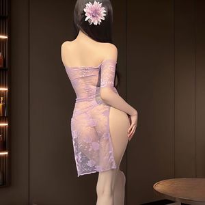 Off-the-shoulder see-through cheongsam lingerie, sexy and alluring, revealing buttocks, no need to remove, slit nightgown, hot - Product Image 2