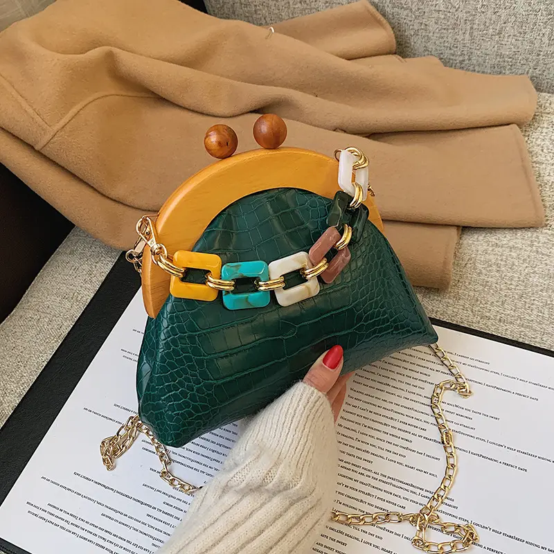 Mini borse a tracolla alla moda borsa piccola Vegan Pu Leather manico in legno borse da ufficio a catena Premium con perle per le donne