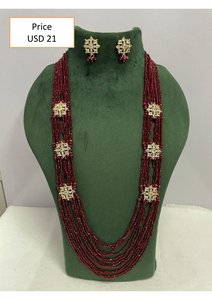 Conjunto de collar y aretes de cuentas color granate de varias hebras de primera calidad con diseño floral estilo Kundan Polki, joyería de boda para mujer - Product Image 2