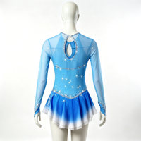 Robe de patinage artistique à manches longues dégradé bleu et blanc, dos ouvert avec découpe en goutte d'eau, jupe ornée de strass pour filles adultes, compétition et performance
