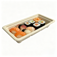 Afbreekbare, recyclebare, wegwerpbaar rechthoekig sushi- en fruitplateau, stapelbaar, geschikt voor magnetron, van bagasse, voor fastfood.