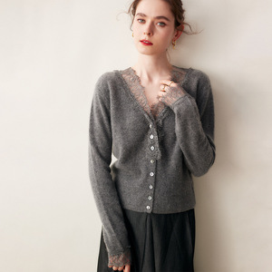 Cardigan alla moda da <span class=keywords><strong>donna</strong></span> con scollo a V in <span class=keywords><strong>pizzo</strong></span> Cashmere autunno Casual Cardigan in lana Cashmere lavorato a <span class=keywords><strong>maglia</strong></span> maglione da <span class=keywords><strong>donna</strong></span> - Product Image 3