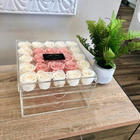 Kotak Bunga Mawar Awet Bentuk Hati dari Plastik Transparan, Kotak Akrilik Mawar Awet Tahan Lama, Rak Display Emas Rose