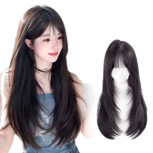 วิกผมยาวตรงธรรมชาติพร้อมหน้าม้าปัดข้าง 60 ซม. สีน้ำตาลดำ เส้นใยคาเนคาลอน ลวดทนความร้อนสูง ลูกไม้โปร่งใส - Product Image 1