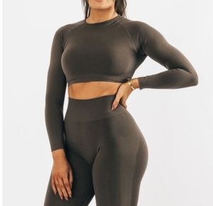 OEM/ODM compressione <span class=keywords><strong>femminile</strong></span> allenamento <span class=keywords><strong>palestra</strong></span> tute senza soluzione di continuità manica lunga di Yoga Set traspirante modello solido leggero per le donne - Product Image 2