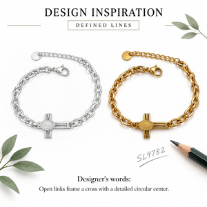 Pulsera de dijes para mujer con cruz y medallón, cadena de eslabones ovalados de acero inoxidable, chapado al vacío en oro de 14K, cierre de langosta ajustable - Product Image 4
