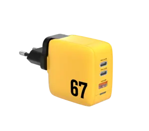 Blocco di ricarica europeo 67w a doppia porta USB-C caricatore rapido con punte sostituibili per dispositivi elettronici giallo GaN Charger