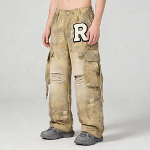Pantalones Cargo de Pierna Ancha <span class=keywords><strong>con</strong></span> Bordado de Parches y Estampado Digital, <span class=keywords><strong>con</strong></span> Orificios y Remaches, Fabricados a Medida por OEM, <span class=keywords><strong>con</strong></span> Efecto Spray Arcoíris para Hombre - Product Image 2