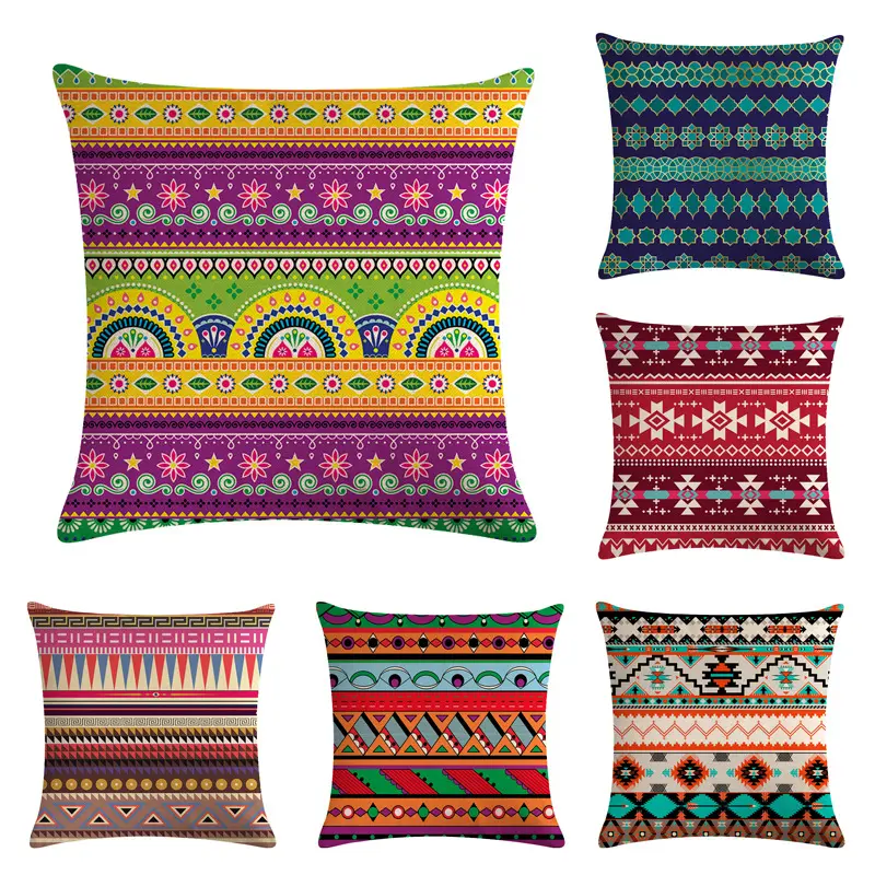 Bohemian Cushion Cover Colorful Stripes Geometric Flower Ethnic Boho Style Vivid Colors Cotton Linen Throw Pillow Cover