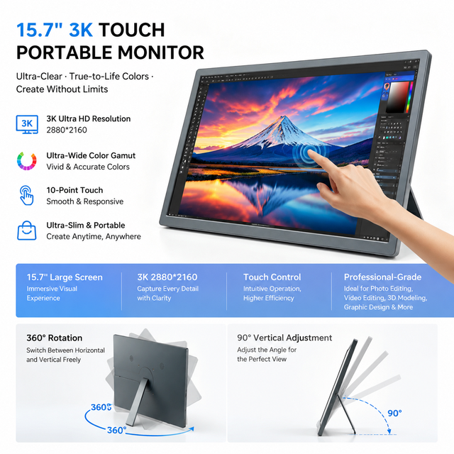 15.7 Inch IPS Touch Portable Screen 3K 2880*1620 With 360°Rotatable &90°Vertical Stand for Laptop Desktop Switch Xbox PS4 TV