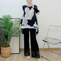 Setelan Wanita Kantor Berkualitas Tinggi, Kasual, Bermotif Lipit, Warna Kontras, Longgar, Ukuran Besar, Bahan Bernapas, Ramah Lingkungan