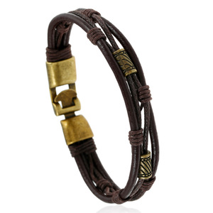 <span class=keywords><strong>Pulsera</strong></span> de cordón tejido para hombre de cuero auténtico vintage con hebilla de aleación estilo envolvente chapado en rodio - Product Image 3