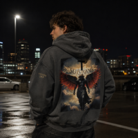 Hoodie Grafis Angel Label Pribadi OEM, Hitam Washed, Bahan Fleece Katun Tebal, Streetwear, Cetak Religius Custom, Model Pullover