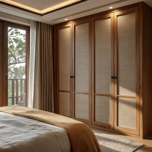 Modern İskandinav Tarzı Dayanıklı Masif Ahşap Gardırop, Sürgülü Menteşeli Rattan Kapılı Yatak Odası Dolapları, Fabrikadan Doğrudan Gardırop - Product Image 6