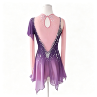 Costume de patinage artistique violet rose ombré avec manches en maille, dos découpé et jupe à strass pour filles et enfants, idéal pour les spectacles sur scène
