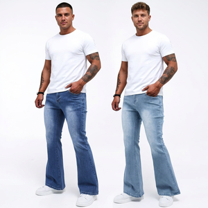 Jean évasé bleu clair pour homme, en denim de coton respirant délavé au sable, taille mi-haute, coupe droite, décontracté, pour le printemps, fabriqué au Bangladesh, couleur unie - Product Image 2